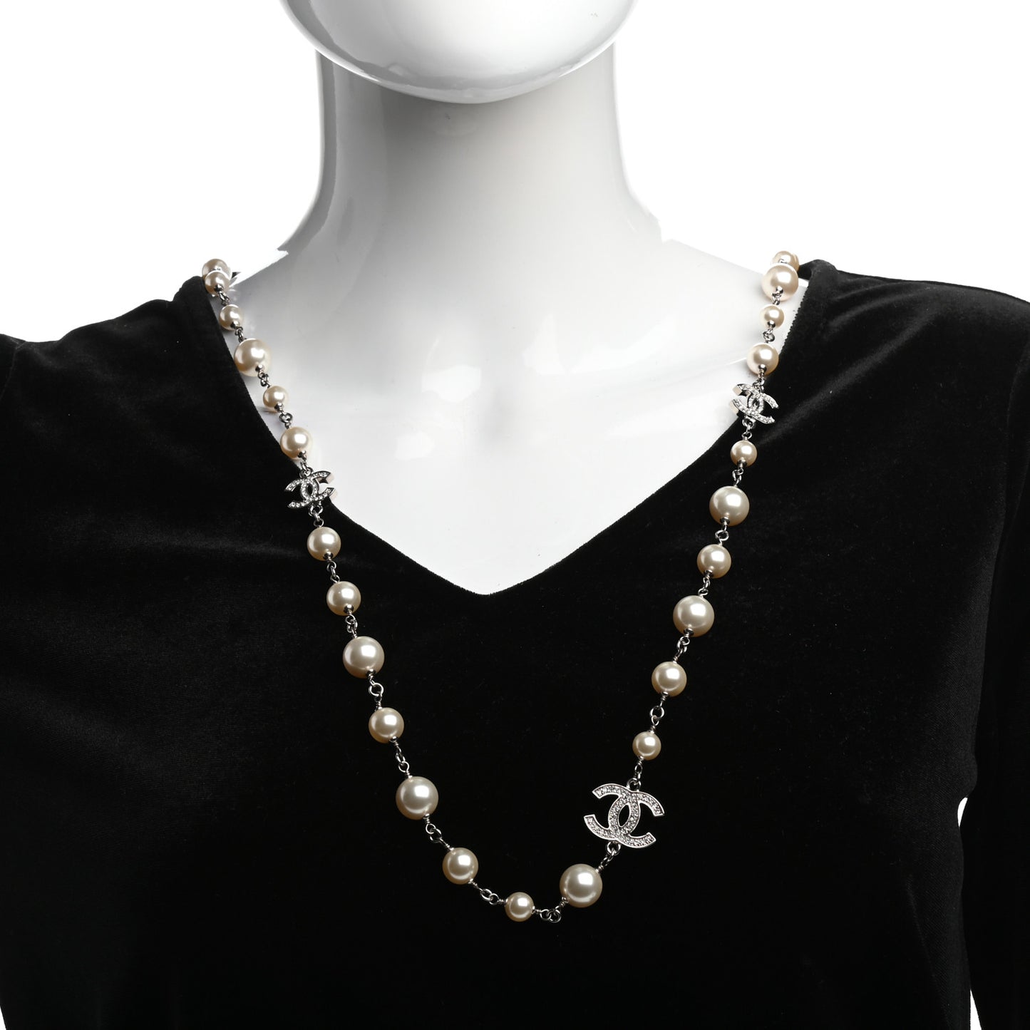Crystal Pearl CC Long Necklace Silver