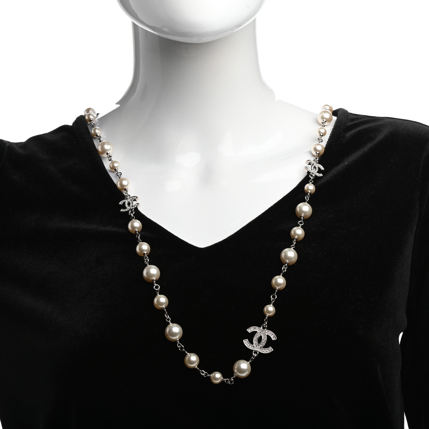 Chanel Crystal Pearl CC Long Necklace Silver 2 of 5