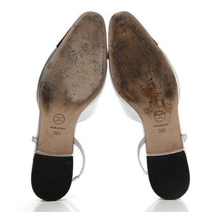 Chanel Metallic Goatskin Patent Calfskin Cap Toe CC Slingback Flats 38 Black Silver 5 of 8