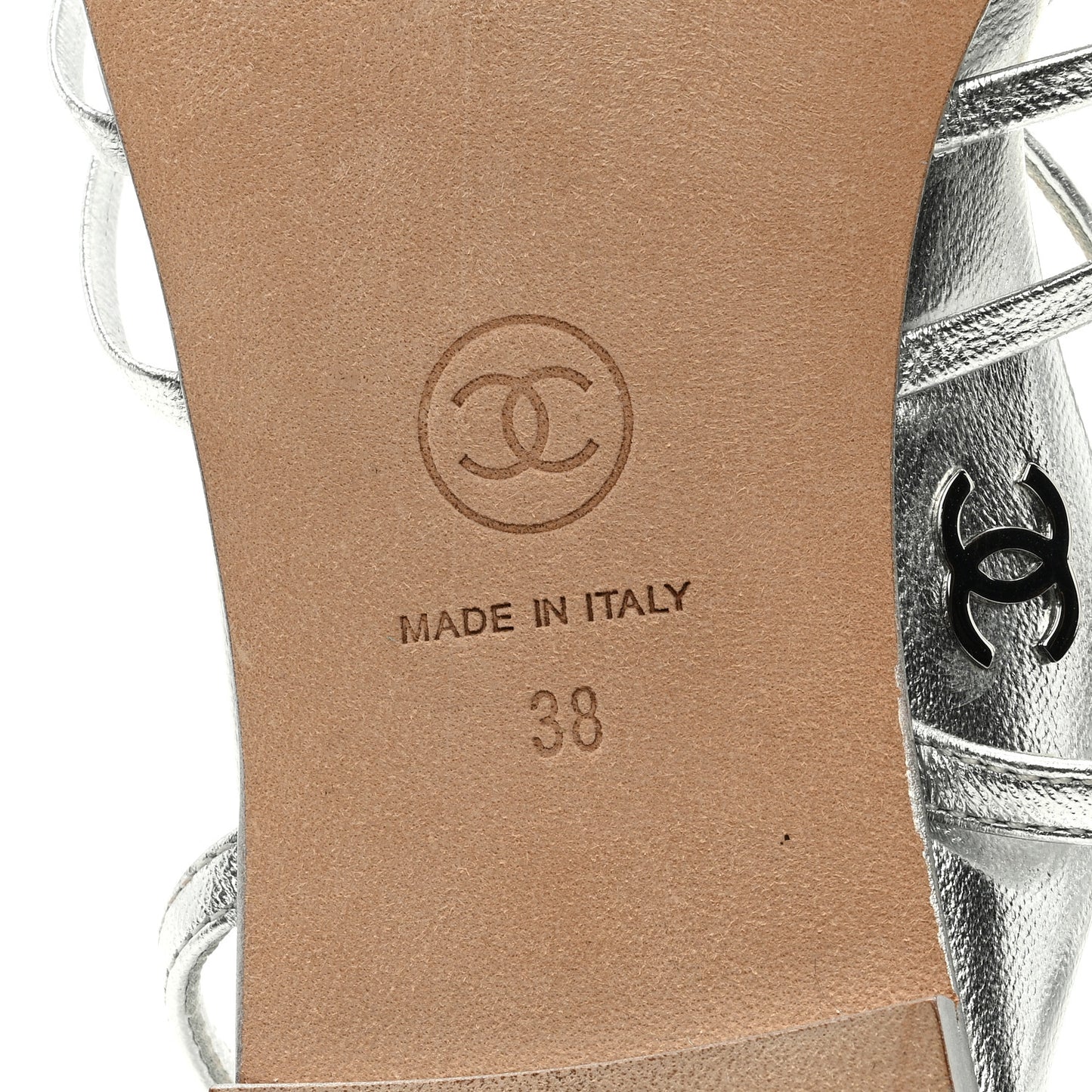 Laminated Lambskin CC Sandals 38 Silver