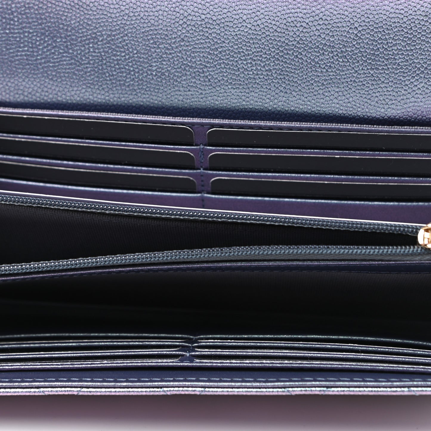 Iridescent Caviar Quilted Large Gusset Flap Wallet Dark Blue