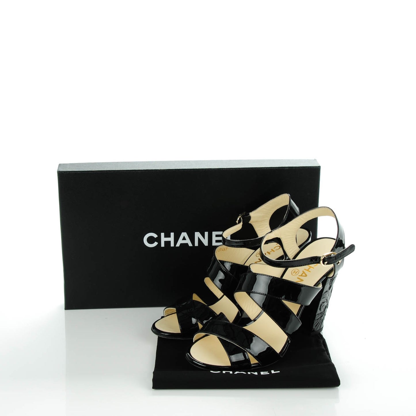 Patent Calfskin Camellia Embossed Sandals 38.5 Black