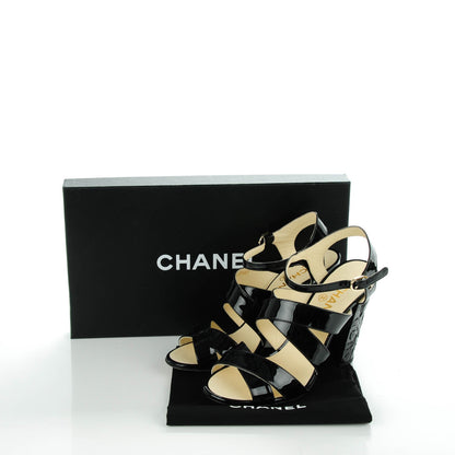 Chanel Patent Calfskin Camellia Embossed Sandals 38.5 Black 5 of 8