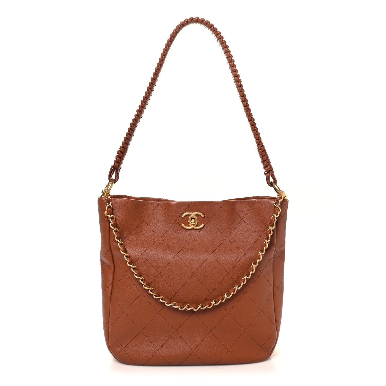 Chanel Calfskin Quilted Braided Handle Chain Hobo Brown 1 of 10