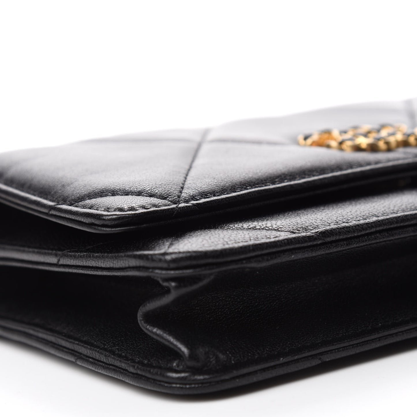 Shiny Goatskin Quilted Chanel 19 Wallet On Chain WOC Black