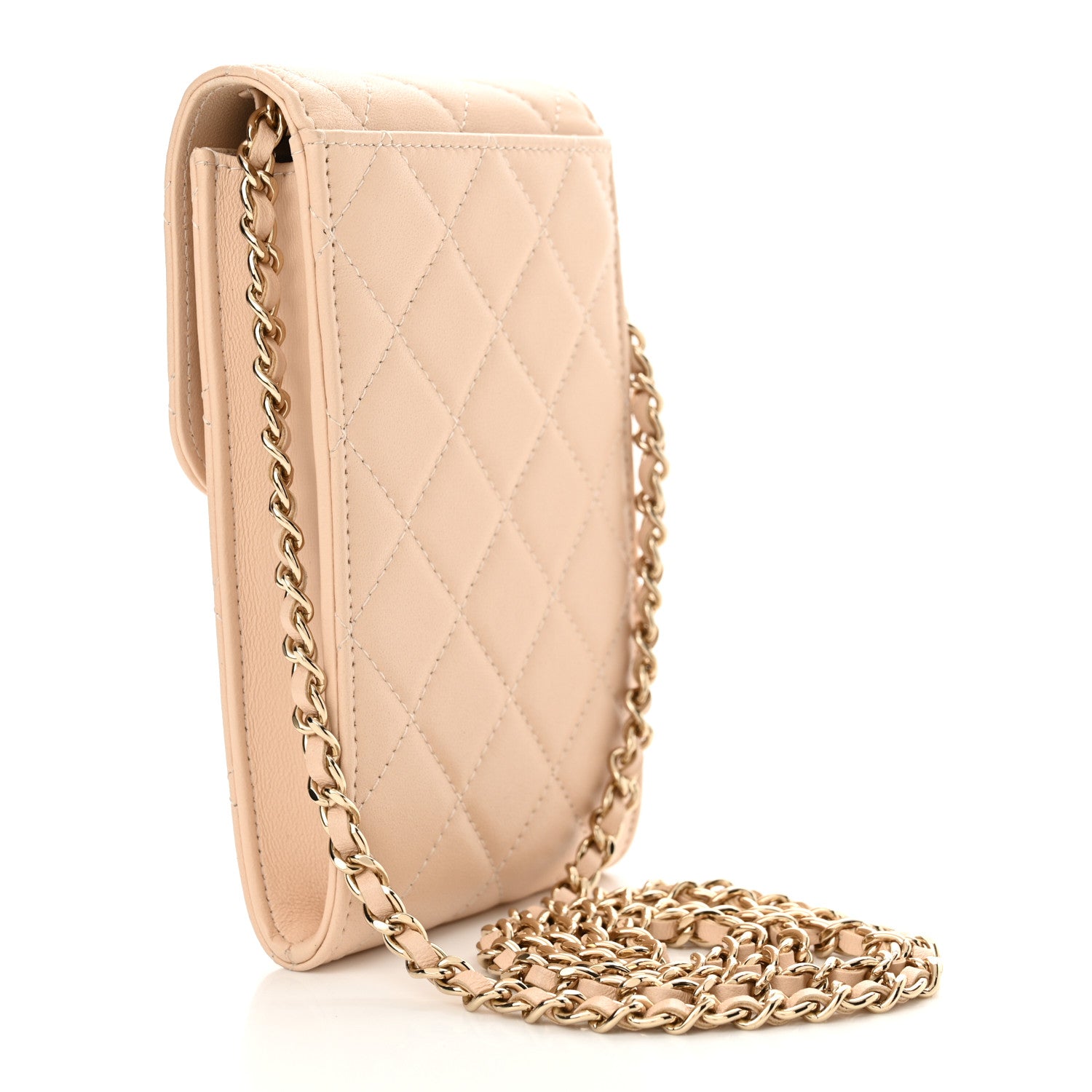 Chanel Lambskin Enamel Quilted Phone Holder With Chain Beige 3 of 13