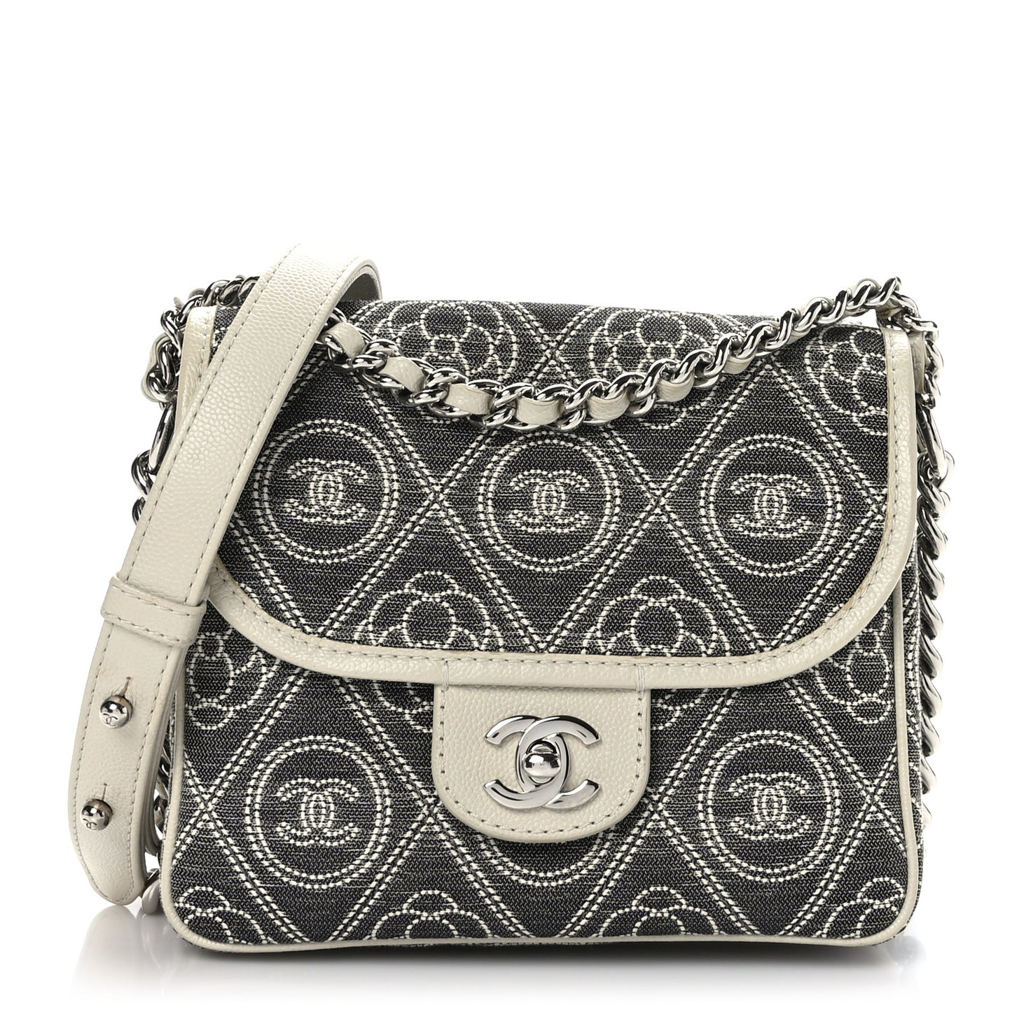 Fabric Camellia Printed Grained Calfskin Messenger Bag Black White