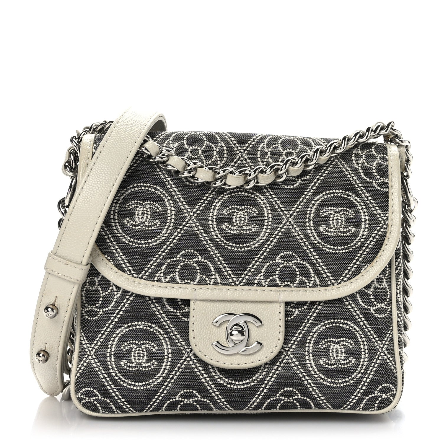 Chanel Fabric Camellia Printed Grained Calfskin Messenger Bag Black White 1 of 10