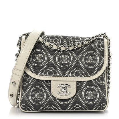Chanel Fabric Camellia Printed Grained Calfskin Messenger Bag Black White 1 of 10