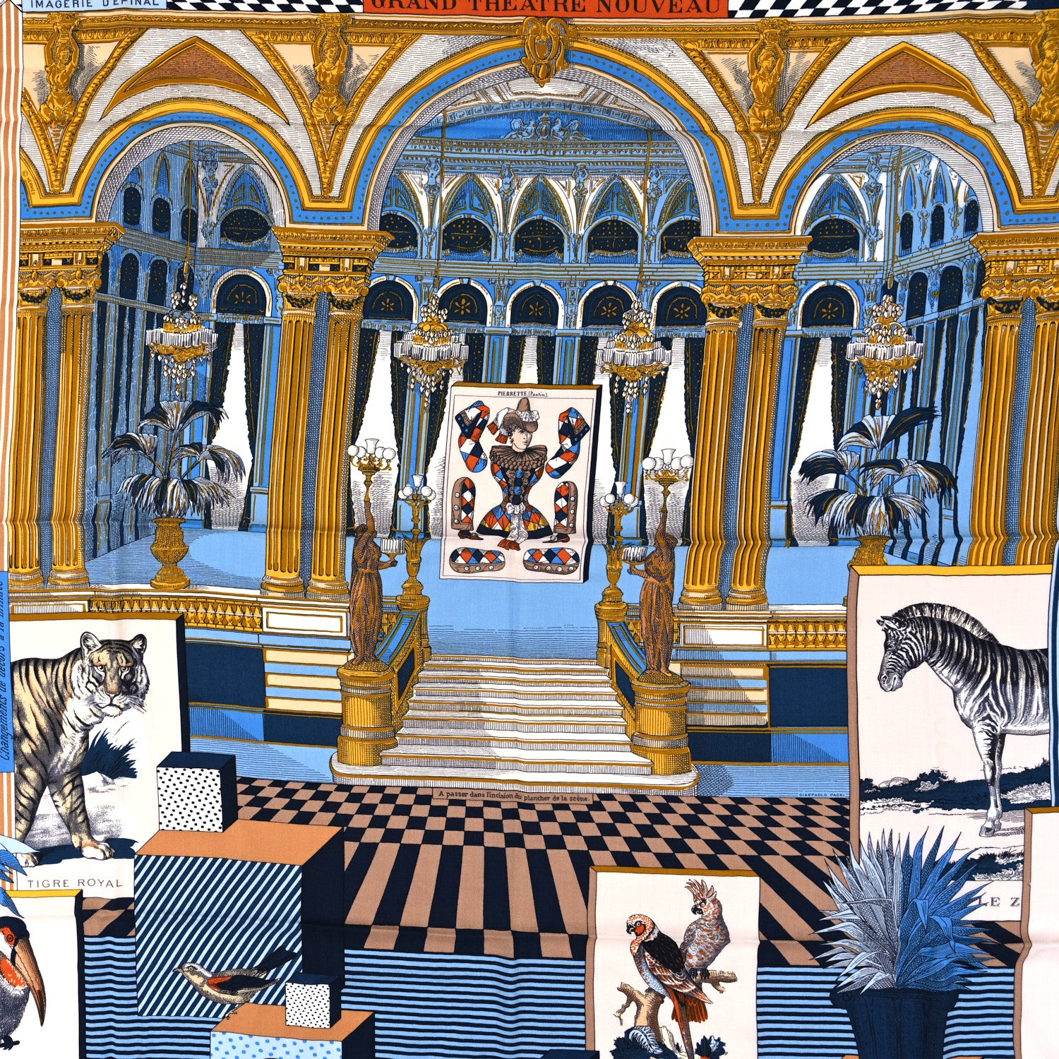 Hermes Cashmere Silk Grand Theatre Nouveau Shawl 140 Bleu Gold White 2 of 6
