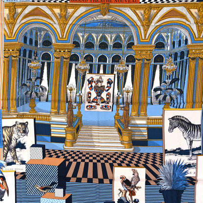 Hermes Cashmere Silk Grand Theatre Nouveau Shawl 140 Bleu Gold White 2 of 6