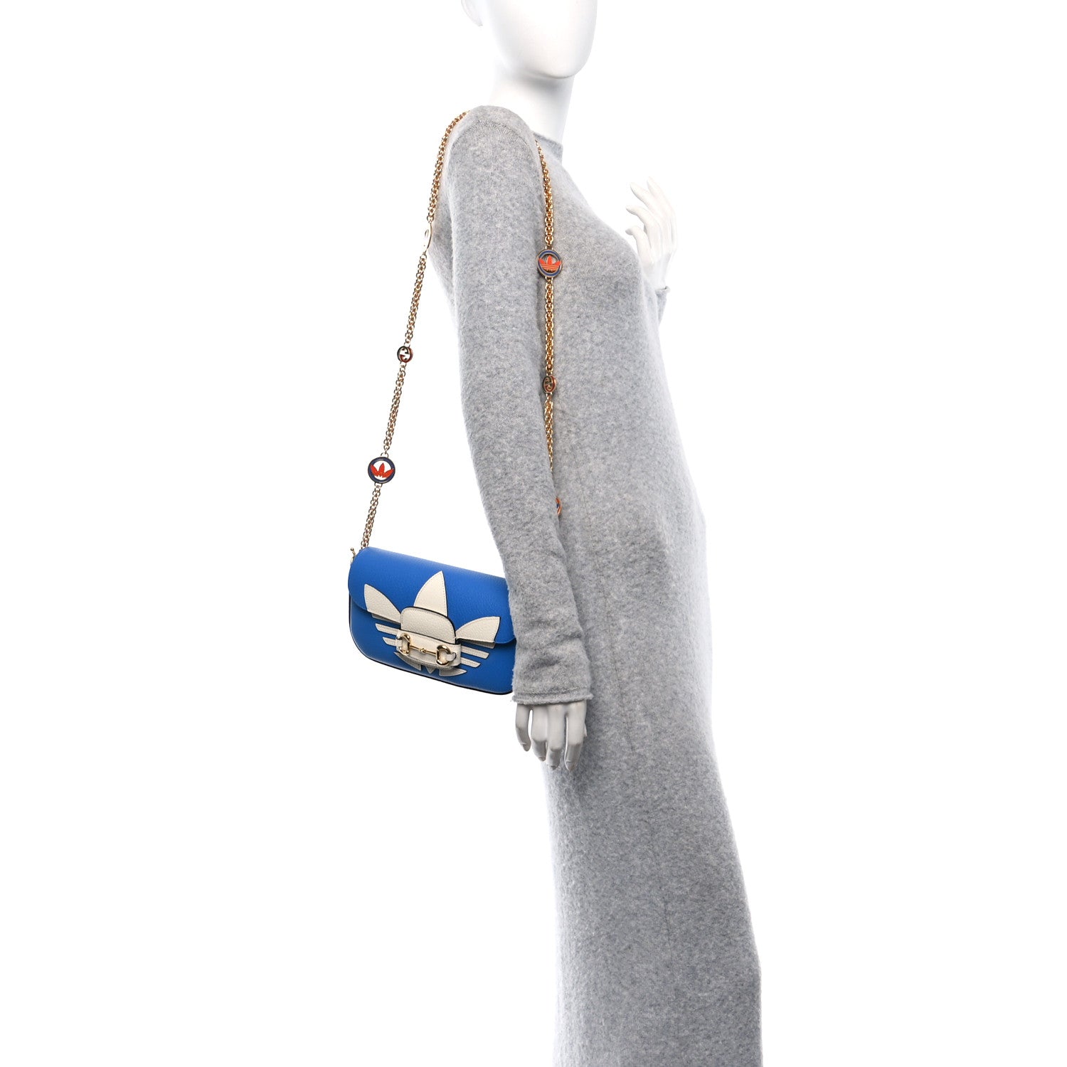 Gucci X ADIDAS Textured Dollar Calfskin Web Small Trefoil Horsebit 1955 Shoulder Bag Blue Off White 2 of 10