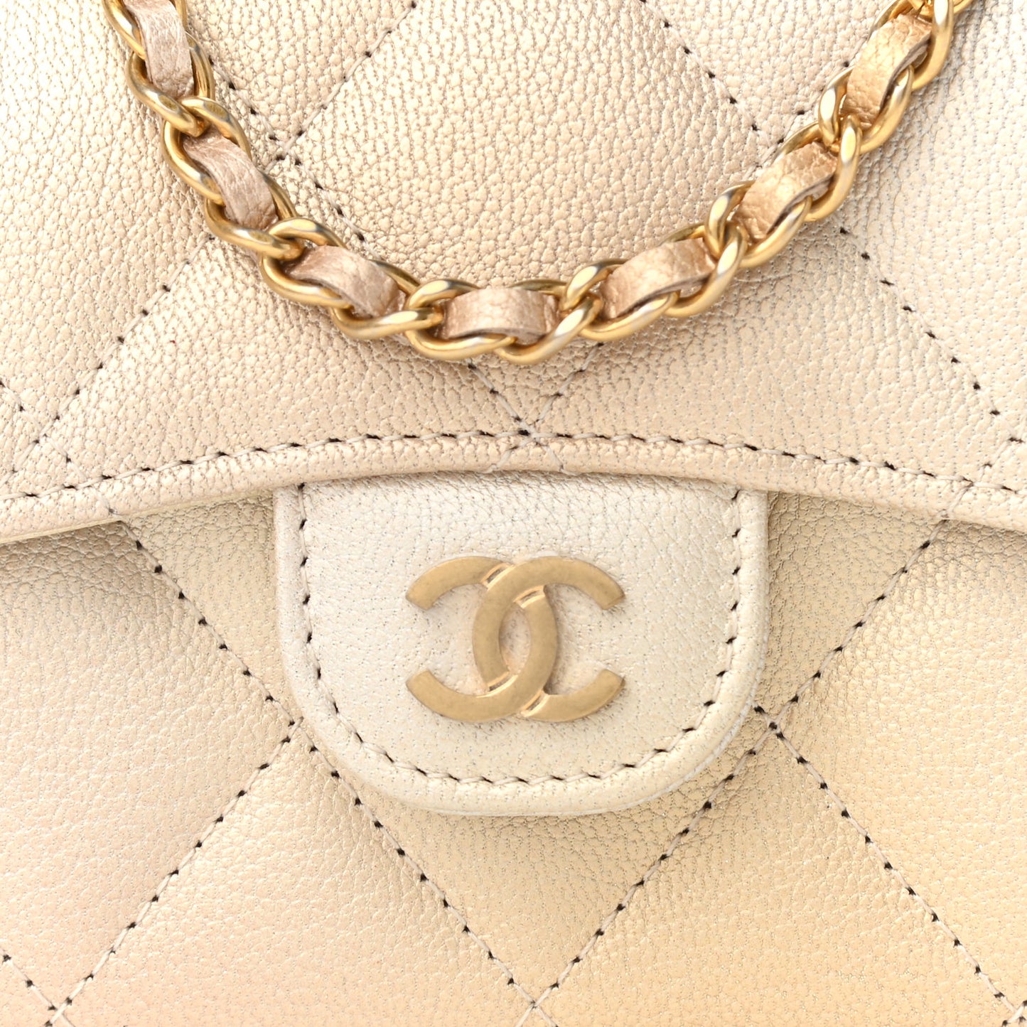 Metallic Goatskin Quilted Ombre Classic Clutch With Chain Beige