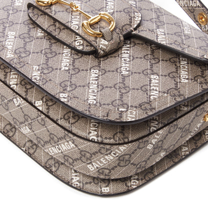 Gucci X BALENCIAGA GG Supreme Monogram Logo Print Horsebit 1955 Shoulder Bag Beige Ebony 4 of 8