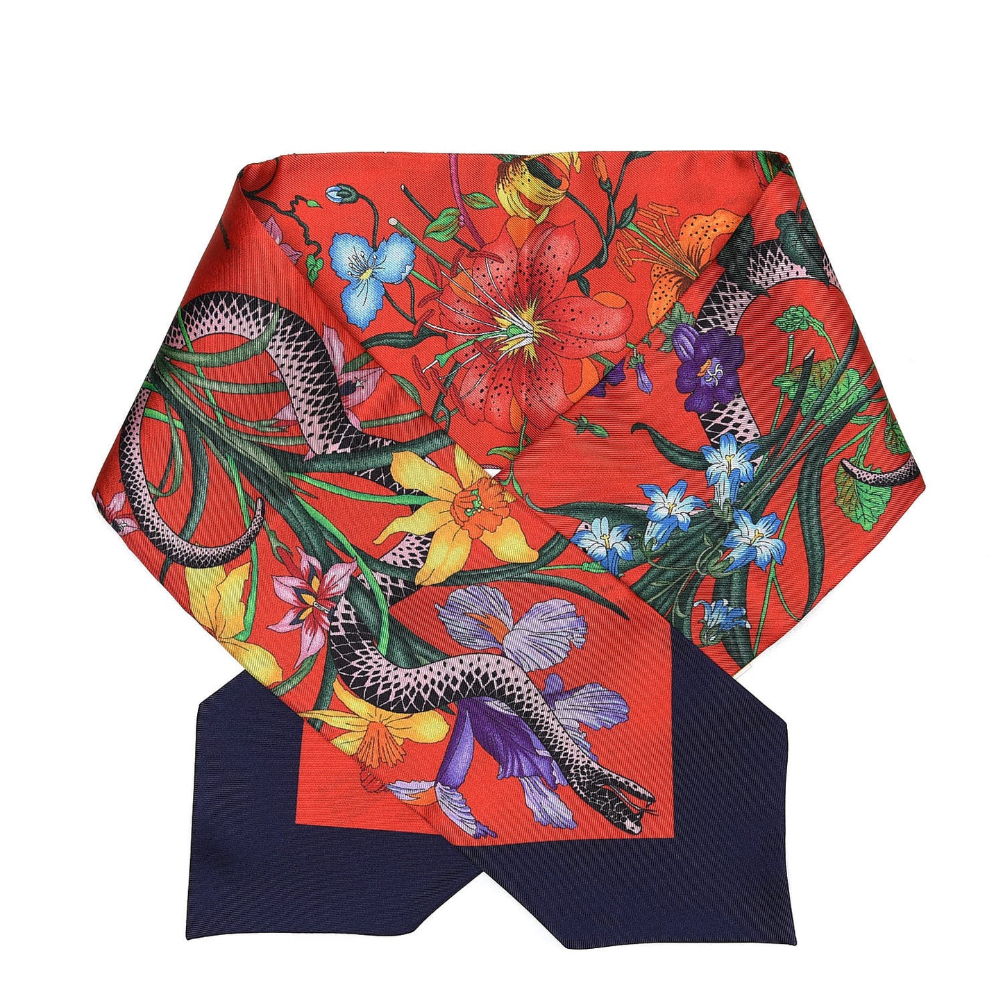 Silk Twill Flora Snake Neck Bow Scarf Red Blue