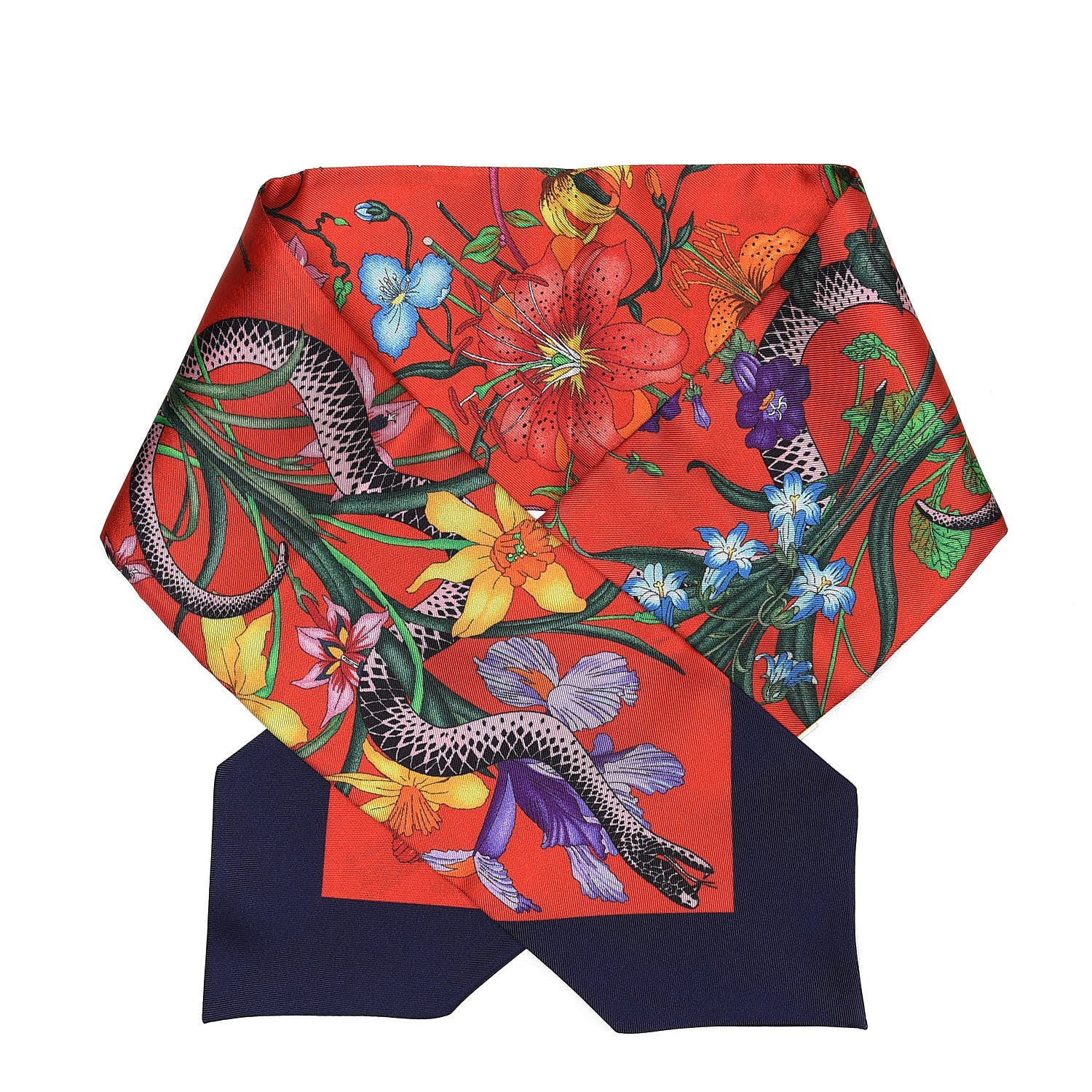 Gucci Silk Twill Flora Snake Neck Bow Scarf Red Blue 1 of 4