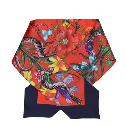 Gucci Silk Twill Flora Snake Neck Bow Scarf Red Blue 1 of 4