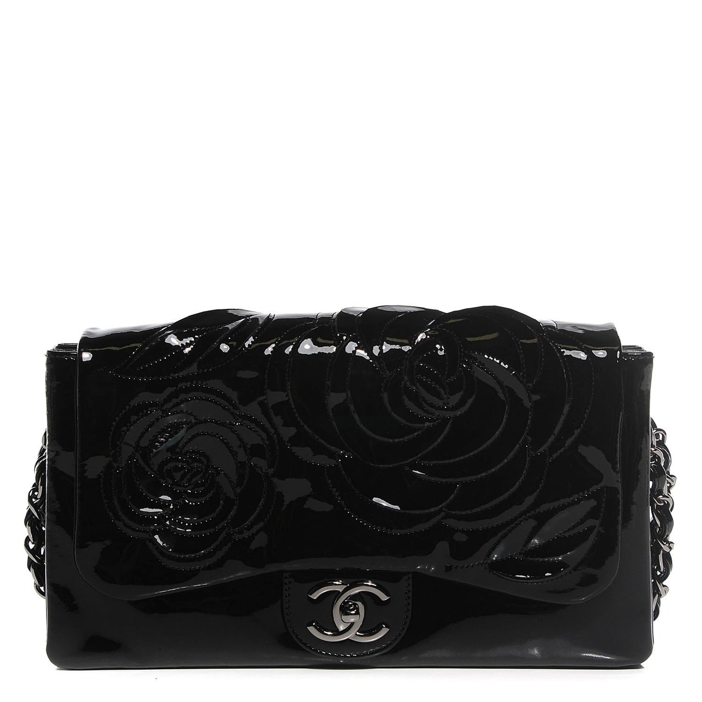 Patent Tweed Camellia Petals Large Flap Black