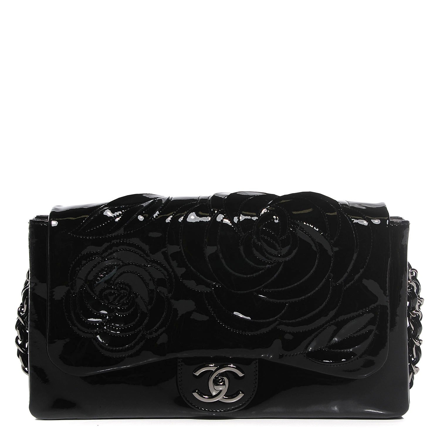 Chanel Patent Tweed Camellia Petals Large Flap Black 1 of 8