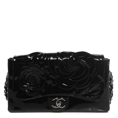 Chanel Patent Tweed Camellia Petals Large Flap Black 1 of 8