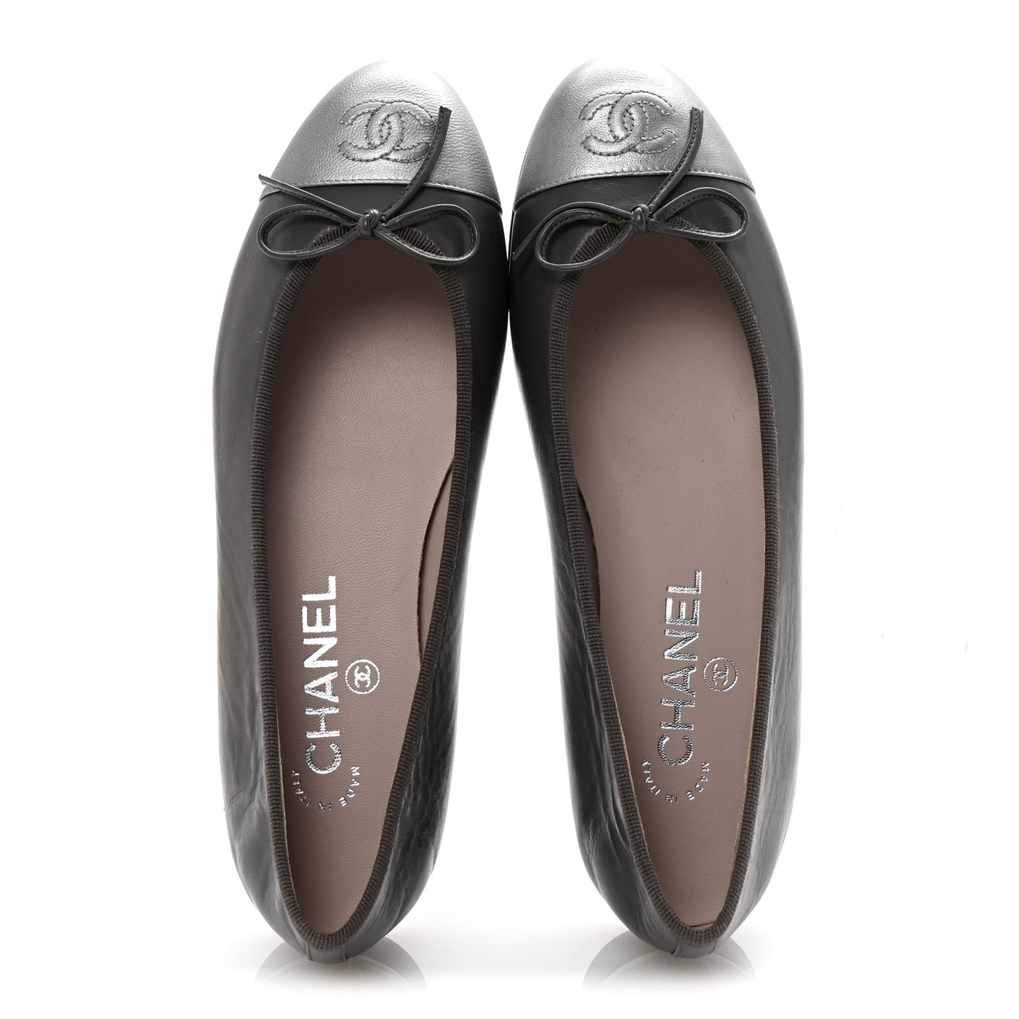 Calfskin Metallic Goatskin CC Cap Toe Ballerina Flats 37.5 Gris Argent
