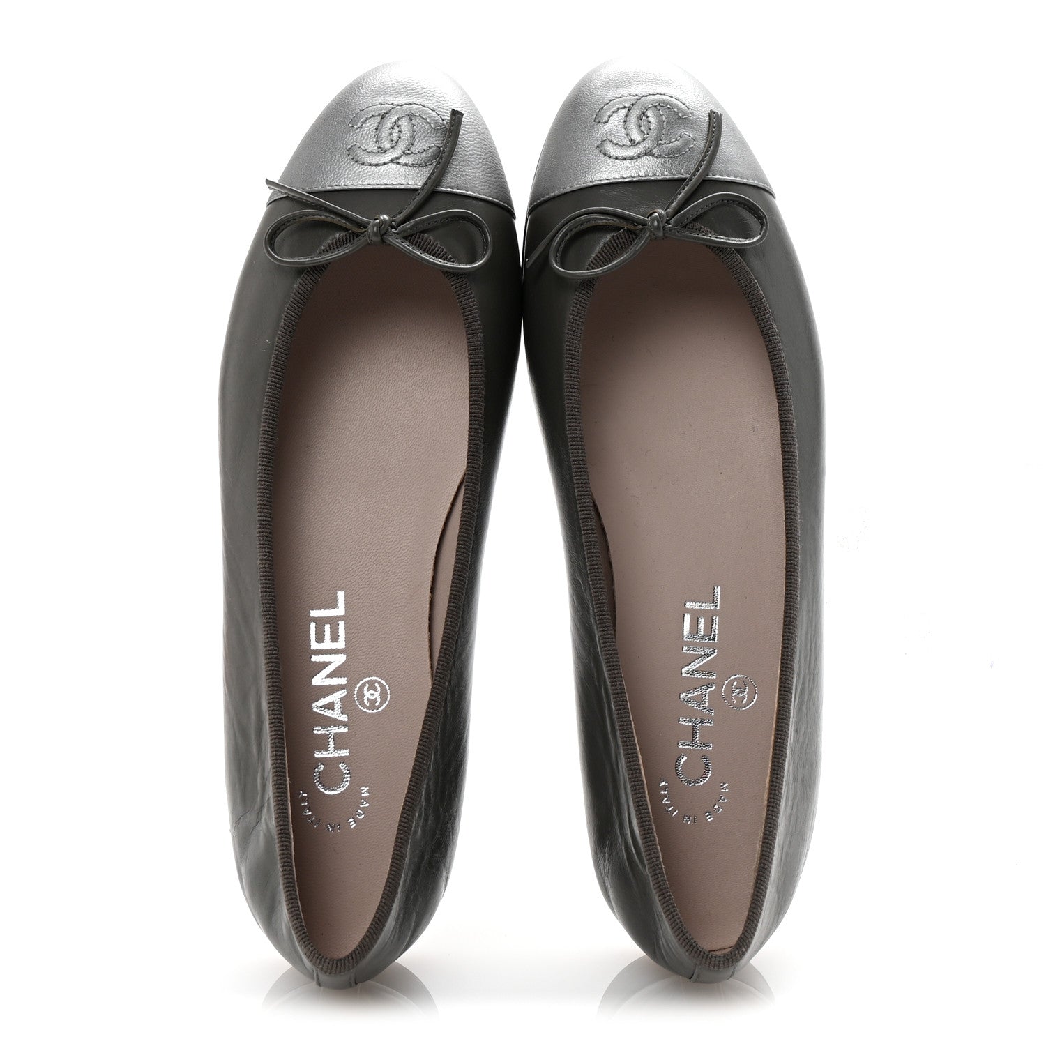Chanel Calfskin Metallic Goatskin CC Cap Toe Ballerina Flats 37.5 Gris Argent 5 of 10