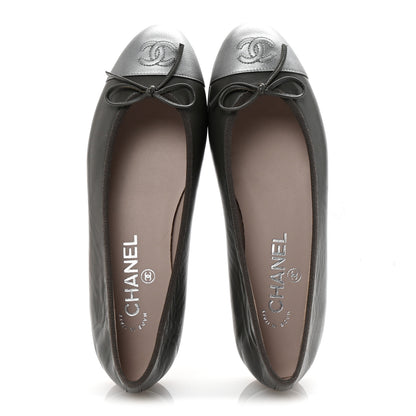 Chanel Calfskin Metallic Goatskin CC Cap Toe Ballerina Flats 37.5 Gris Argent 5 of 10