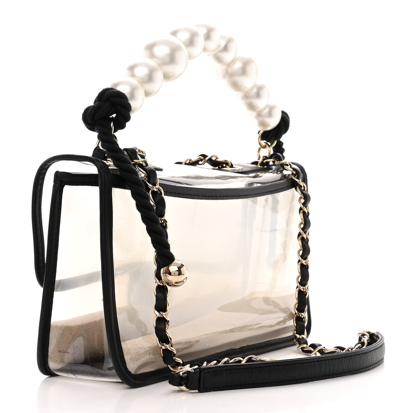 Lambskin PVC Sand By The Sea Flap With Pearl Strap Black