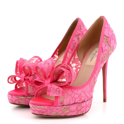 Valentino Garavani Satin Lace Couture Bow Peep Toe High Heel Pumps 36 Fuxia Fluo 4 of 10