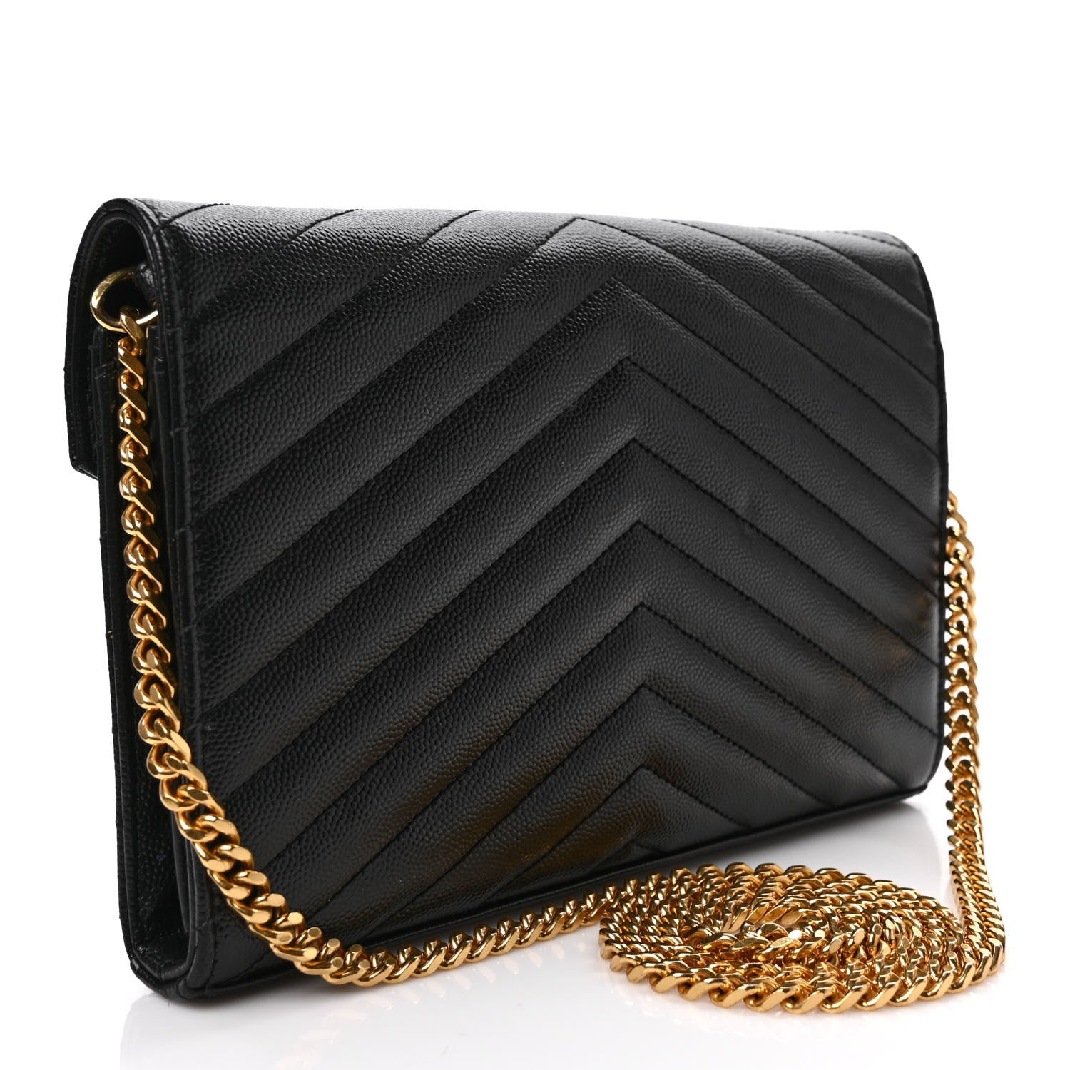 Saint Laurent Grain De Poudre Matelasse Chevron Monogram Chain Wallet Black 3 of 8