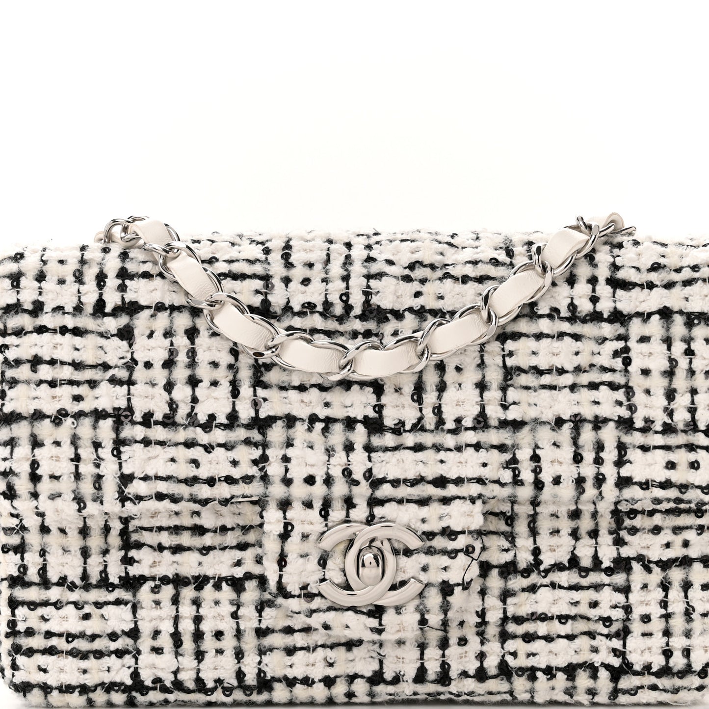 Tweed Quilted Mini Rectangular Flap White Black