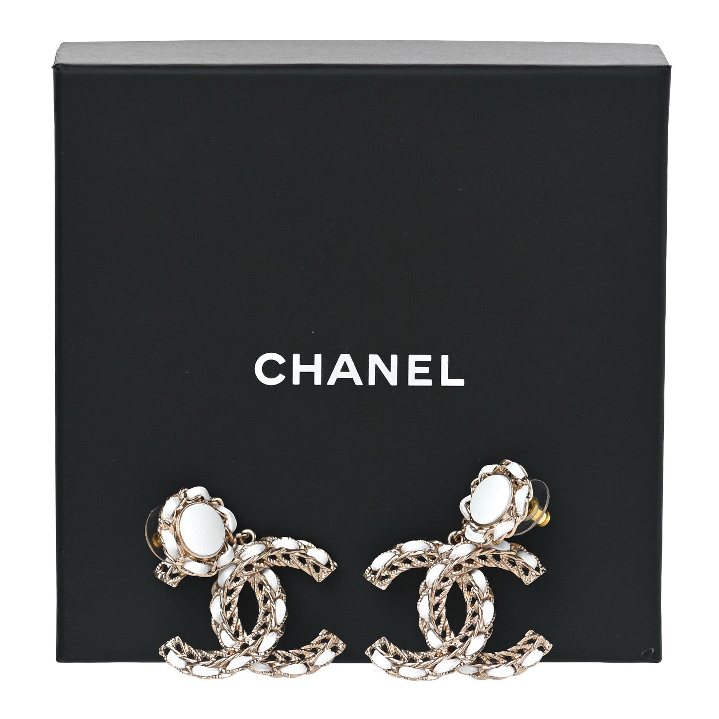 Lambskin Metal Chain CC Drop Earrings White Gold