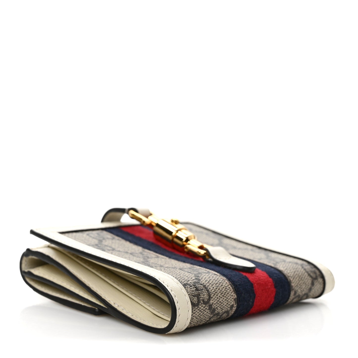 GG Supreme Monogram Textured Calfskin Web Jackie 1961 French Flap Wallet Beige Ebony Mystic White