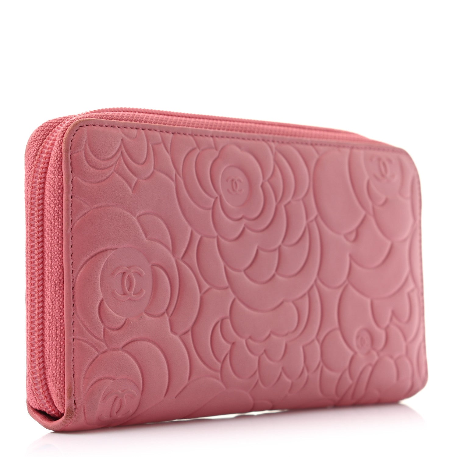Chanel Lambskin Camellia Embossed Zip Around Large Gusset Wallet Pink 3 of 8