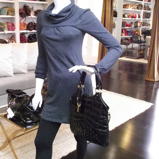 Saint Laurent Patent Crocodile Embossed Tribute Tote Black 2 of 10