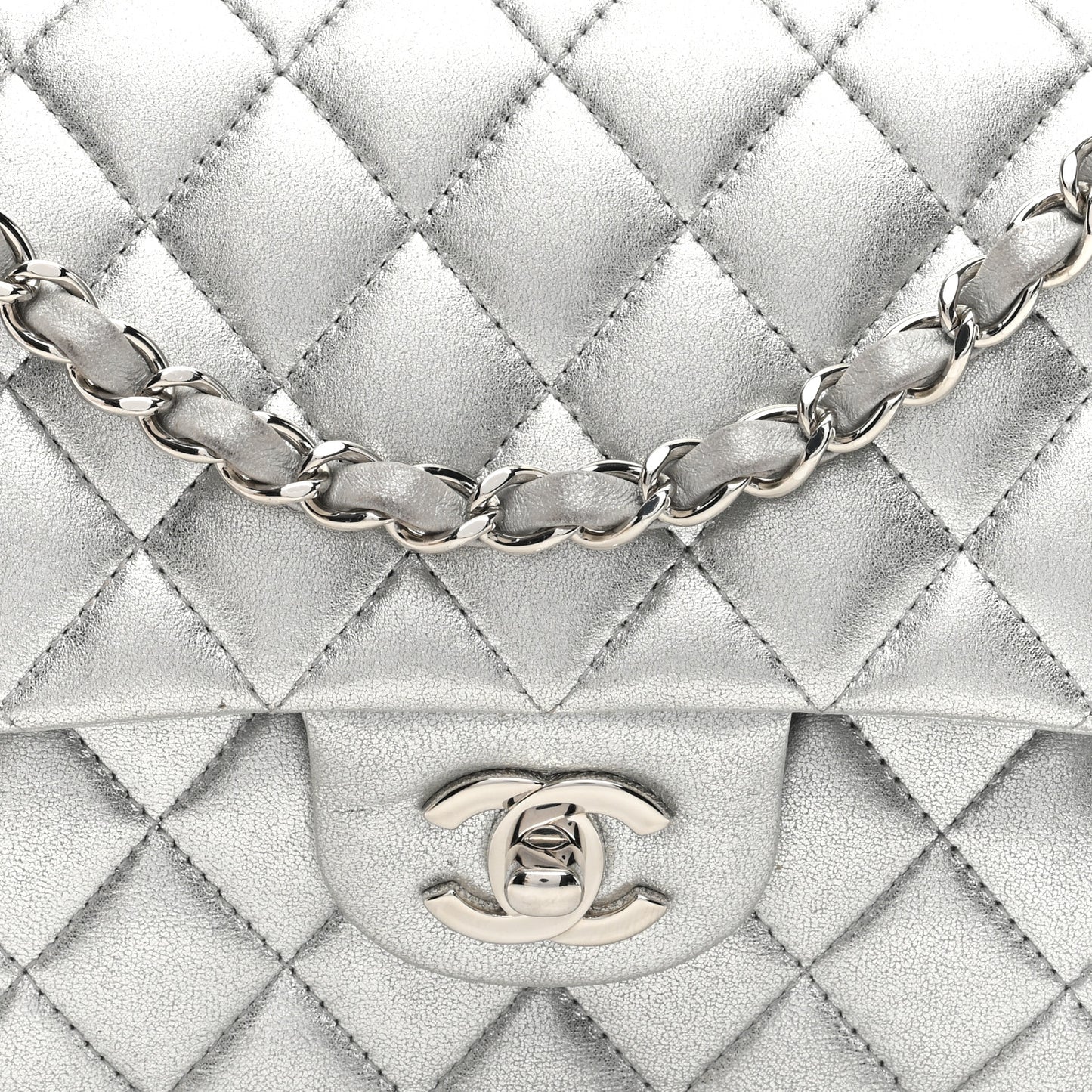 Metallic Lambskin Quilted Medium Double Flap Silver