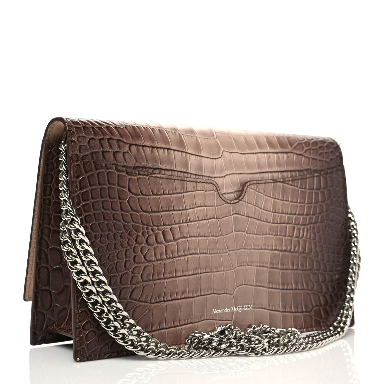 Alexander McQueen Calfskin Crocodile Embossed Skull Mini Crossbody Bag Brown 3 of 9