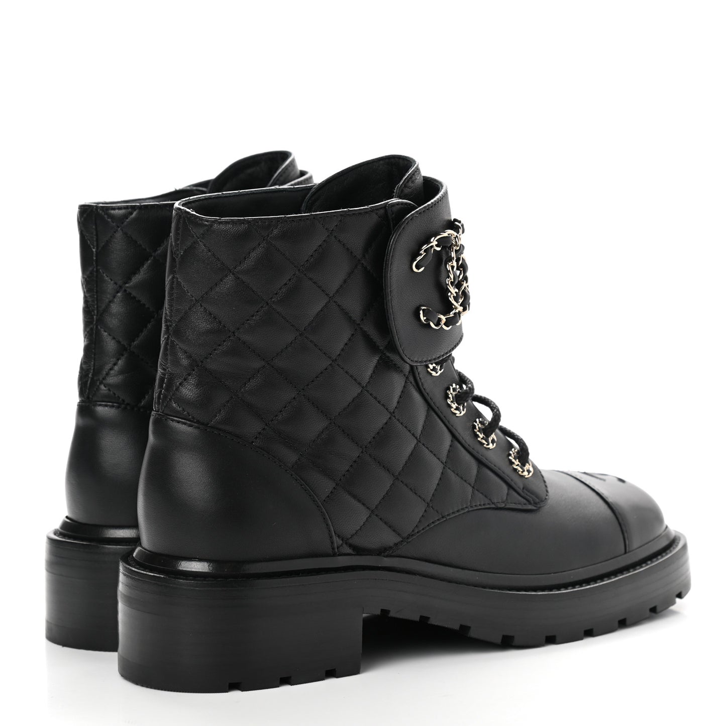 Shiny Lambskin Quilted Lace Up Combat Boots 38 Black