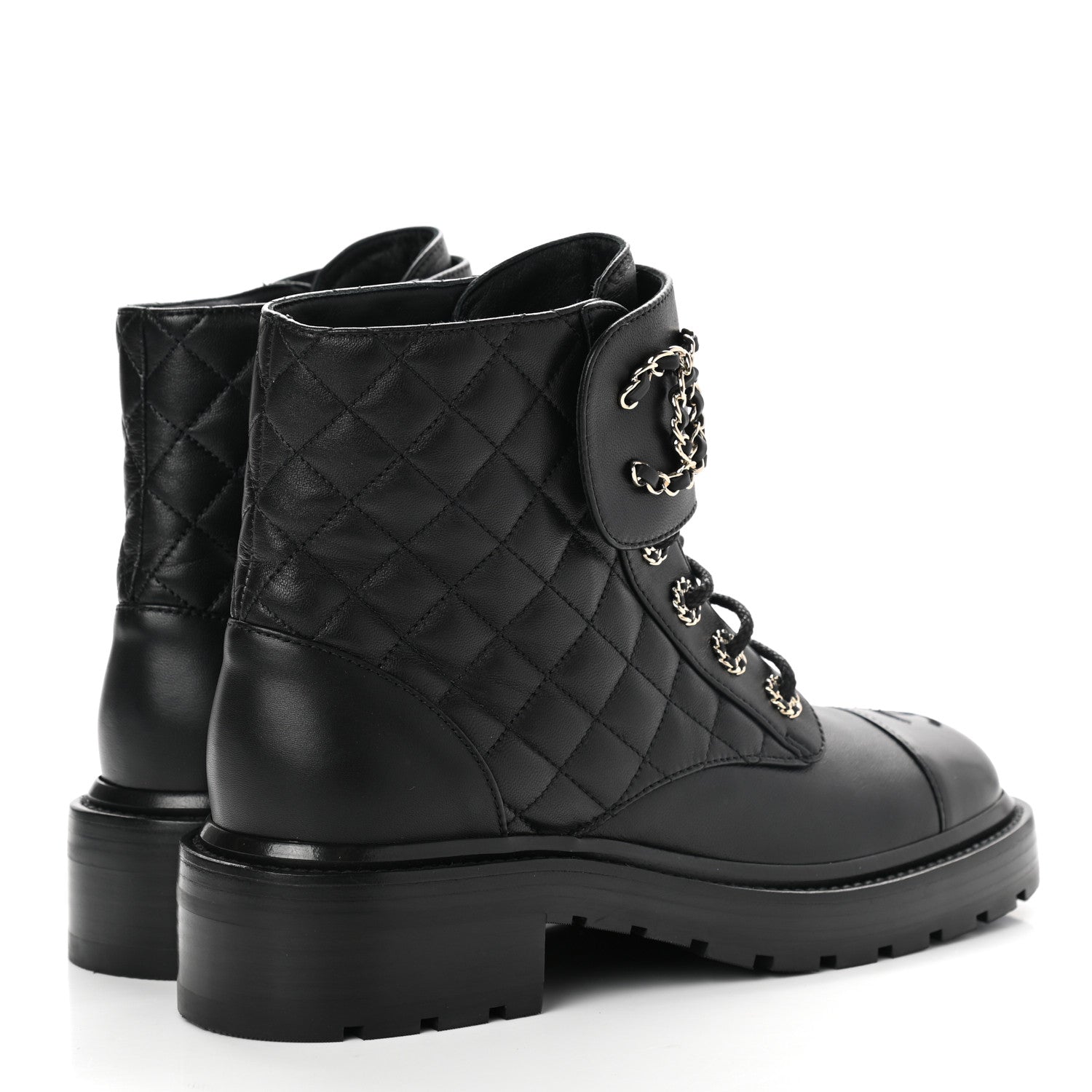 Chanel Shiny Lambskin Quilted Lace Up Combat Boots 38 Black 4 of 8