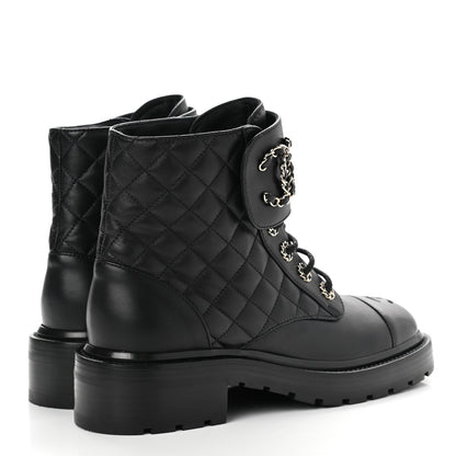 Chanel Shiny Lambskin Quilted Lace Up Combat Boots 38 Black 4 of 8