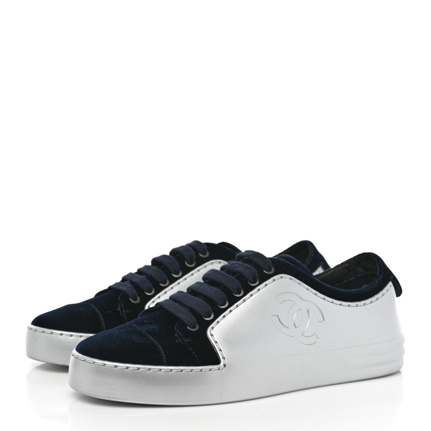 Chanel Calfskin Velvet Womens CC Sneakers 37 Navy 3 of 8