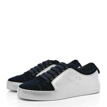 Chanel Calfskin Velvet Womens CC Sneakers 37 Navy 3 of 8