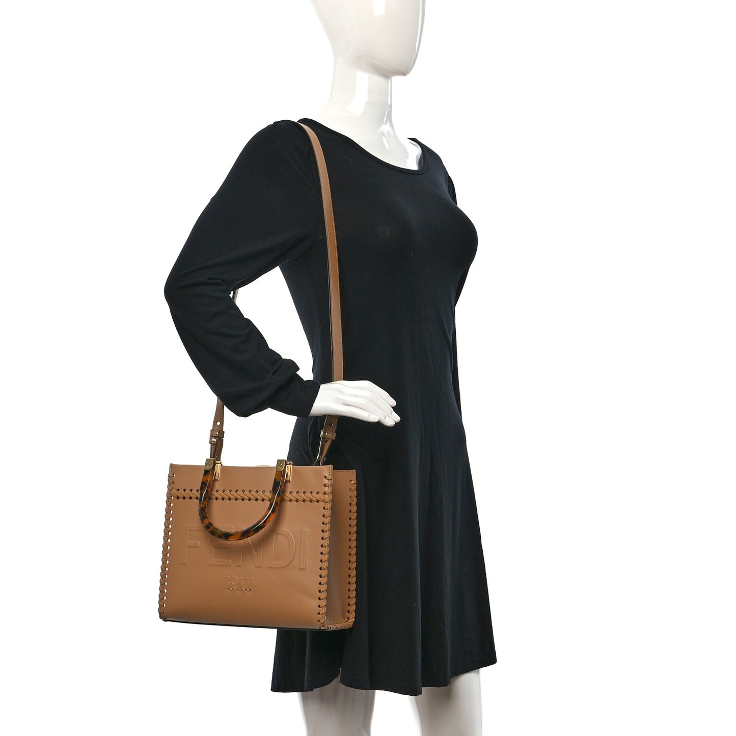 Vitello King Ceylon Plexiglass Woven Logo Debossed Small Fendi Sunshine Shopper Tote Miele Scuro