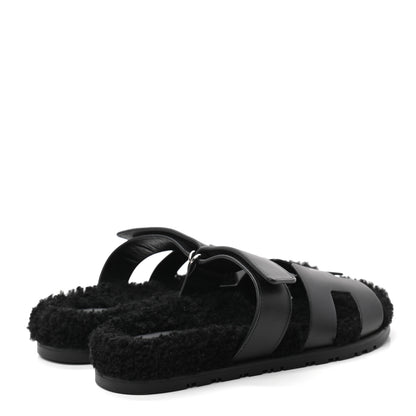 Hermes Calfskin Woolskin Womens Chypre Sandals 38 Black 4 of 8
