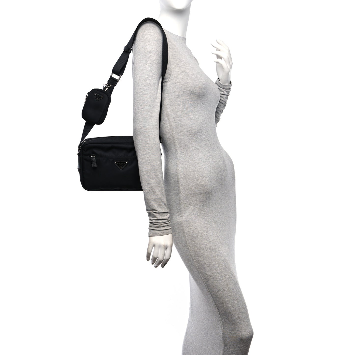 Re-Nylon Vela Saffiano Pocket Double Zip Shoulder Bag Black