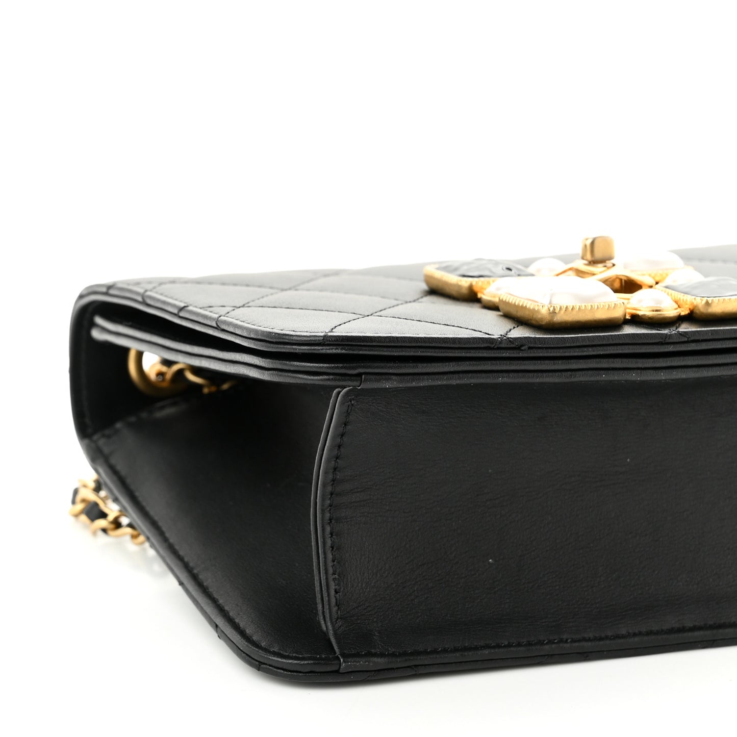 Calfskin Quilted Crystal Pearl Small Flap Bag Black