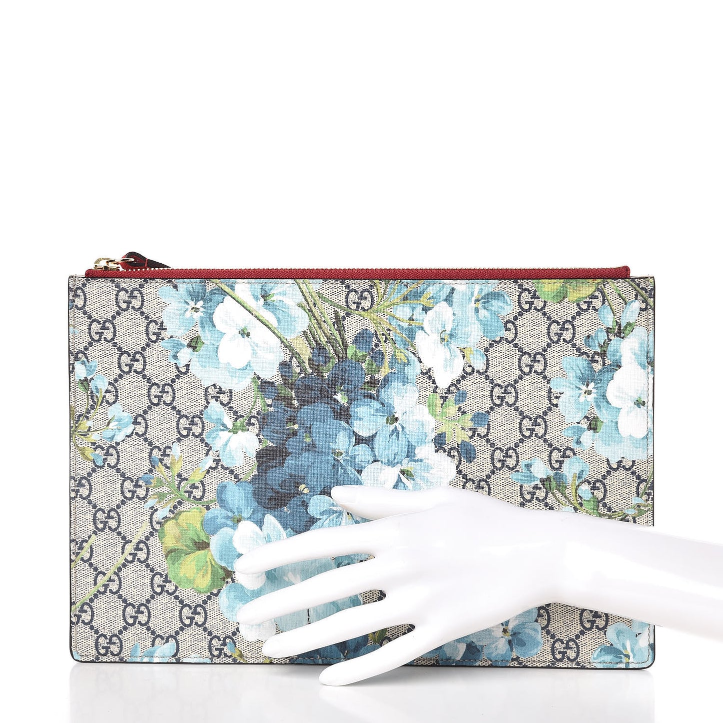 GG Supreme Monogram Blooms Suede Large Zip Pouch Blue