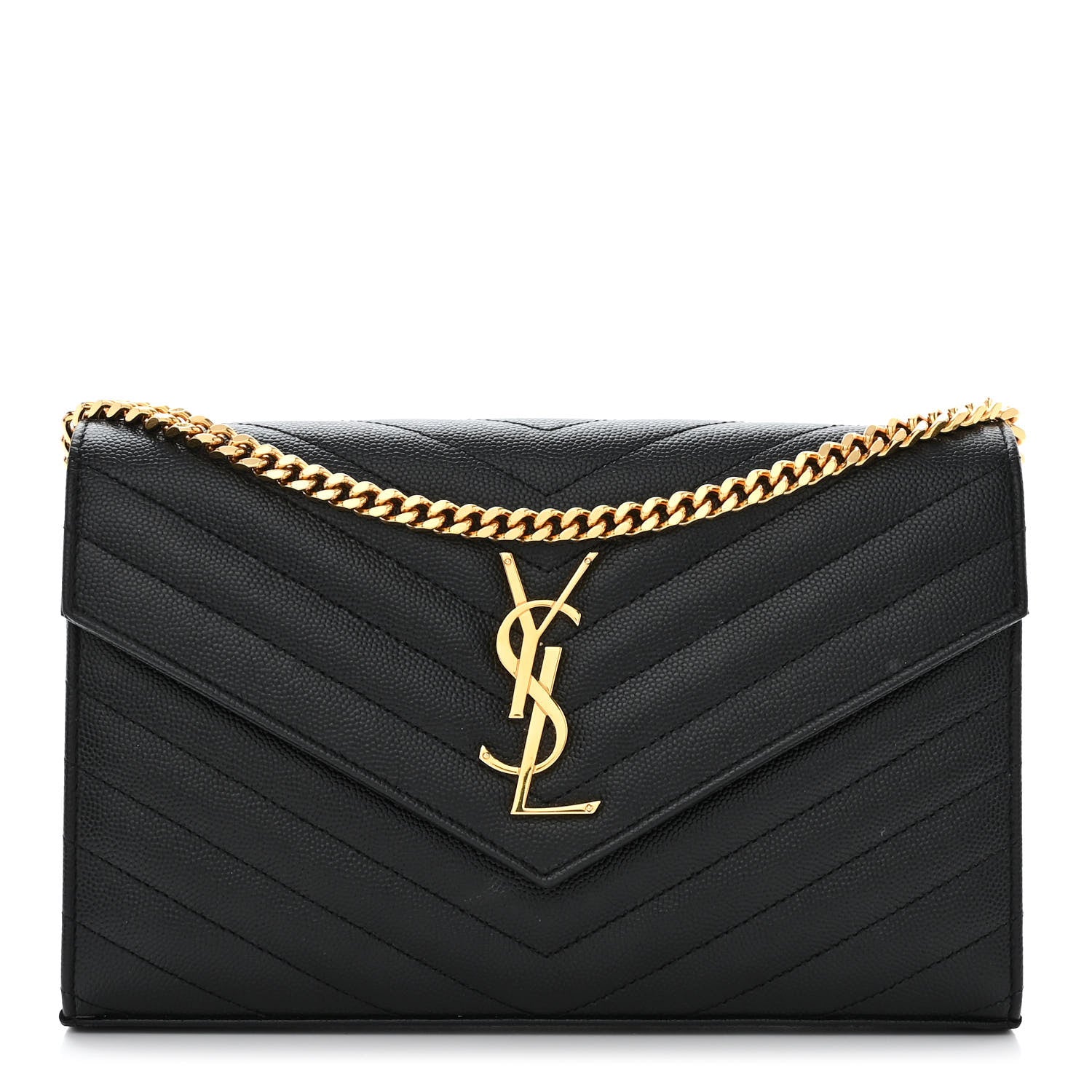 Saint Laurent Grain De Poudre Matelasse Chevron Monogram Chain Wallet Black 1 of 13
