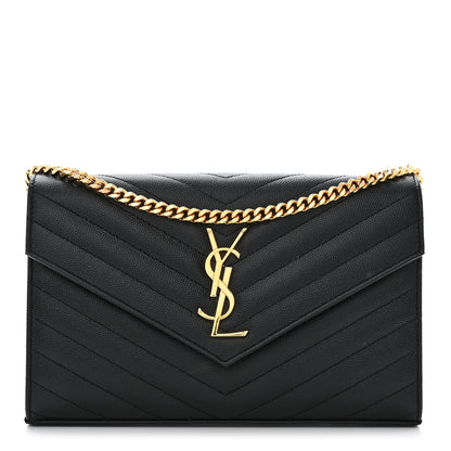 Saint Laurent Grain De Poudre Matelasse Chevron Monogram Chain Wallet Black 1 of 13