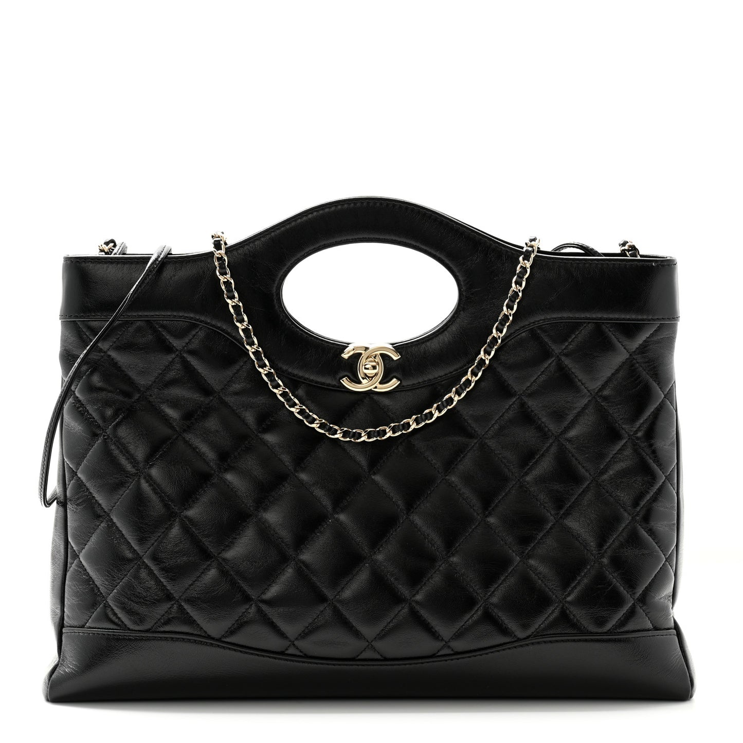 Shiny Lambskin Quilted 31 Shopping Bag Black